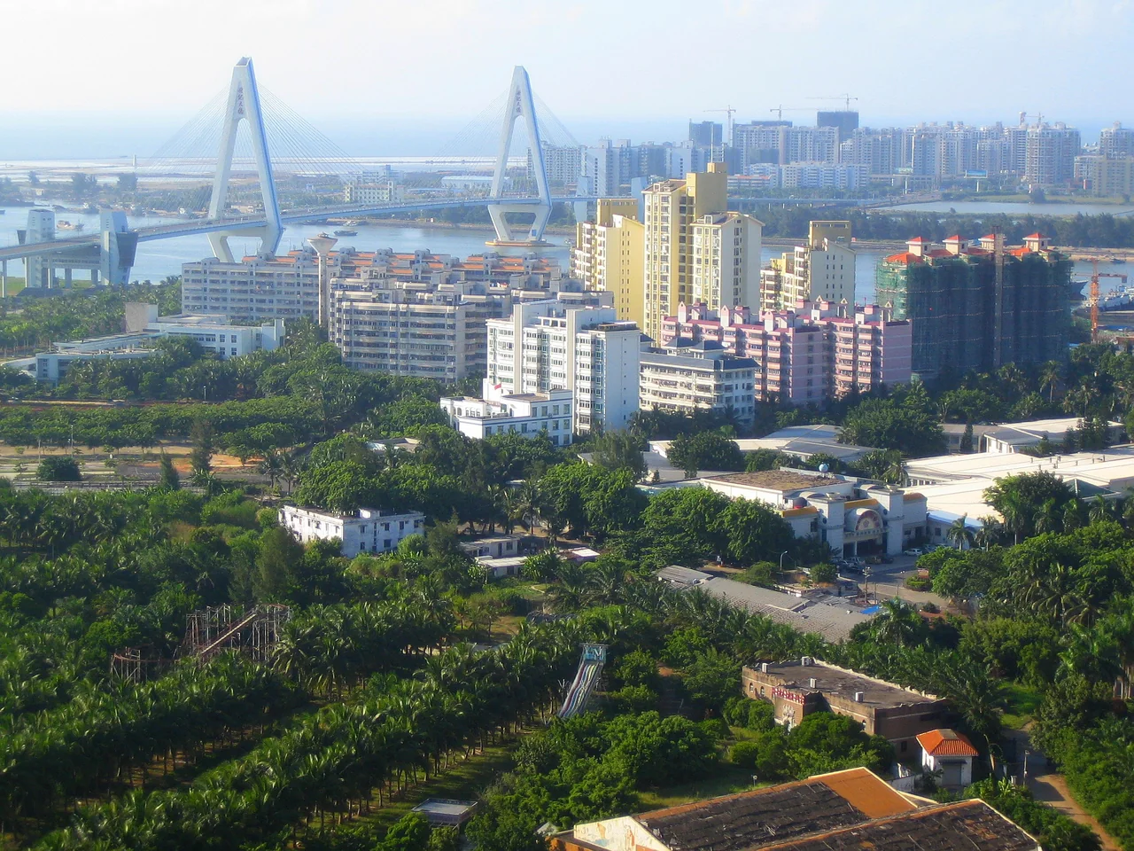 Haikou skyline and Century Bridge, photographed in 2009